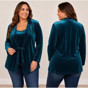 Notations Womens Teal Blue Velvet 1 Piece Cardigan Tank Set Size L